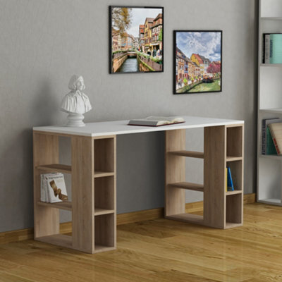 Decortie Colmar Modern Desk With Integrated 6-Shelf Bookshelf Storage White Oak Width 140Cm - image 1