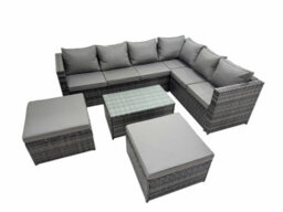Fimous Outdoor Sofa Oblong Coffee Table Set Rattan Garden Furniture Set With 2 Big Stools Dark Grey Mixed - thumbnail 1