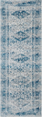 Livabliss Monte Carlo-Vintage Blue Grey White Traditional Boho Living Dining Bedroom Rug 80 X 220 Cm Easy Care, Non Shedding - image 1