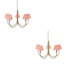 Loops Stylish 2 Pack Ceiling Pendant Lights In Brushed Brass And Coral Pink Fabric