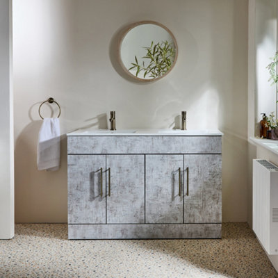 Homestylestore 1210mm Concrete Grey Floorstanding Bathroom Vanity Unit Double Basin And Aged Gold T Bar Handle - image 1