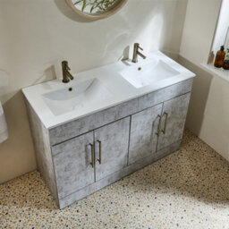Homestylestore 1210mm Concrete Grey Floorstanding Bathroom Vanity Unit Double Basin And Aged Gold T Bar Handle - thumbnail 3