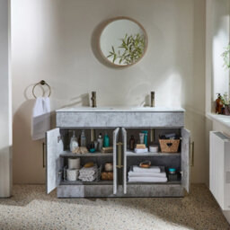 Homestylestore 1210mm Concrete Grey Floorstanding Bathroom Vanity Unit Double Basin And Aged Gold T Bar Handle - thumbnail 2