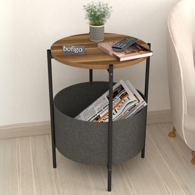Urbn-Living Urbnliving 60Cm Height Round Walnut Wooden Side Table With Storage Bag And Metal Frame Living Room Décor - image 1
