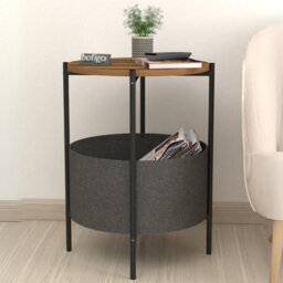 Urbn-Living Urbnliving 60Cm Height Round Walnut Wooden Side Table With Storage Bag And Metal Frame Living Room Décor - thumbnail 2