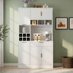 Abrihome Tall Sideboard Cabinet 100X40X175Cm With Usb-C And Usb-A Ports, Wine Glass Rack, Bottle Storage And Multi Tier Shelves, White - thumbnail 6