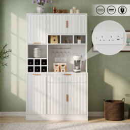 Abrihome Tall Sideboard Cabinet 100X40X175Cm With Usb-C And Usb-A Ports, Wine Glass Rack, Bottle Storage And Multi Tier Shelves, White - thumbnail 4