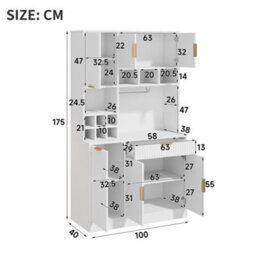 Abrihome Tall Sideboard Cabinet 100X40X175Cm With Usb-C And Usb-A Ports, Wine Glass Rack, Bottle Storage And Multi Tier Shelves, White - thumbnail 5