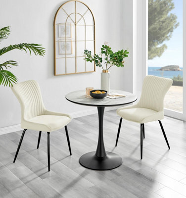 Furniturebox Uk Elina White Marble Effect Round Dining Table & 2 Cream Nora Black Leg Chairs - image 1