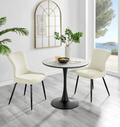 Furniturebox Uk Elina White Marble Effect Round Dining Table & 2 Cream Nora Black Leg Chairs