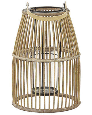 Beliani Beige Bamboo Lantern 32Cm With Glass Candle Holder - Boho Indoor Outdoor Décor - image 1