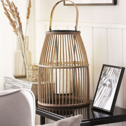 Beliani Beige Bamboo Lantern 32Cm With Glass Candle Holder - Boho Indoor Outdoor Décor - thumbnail 2