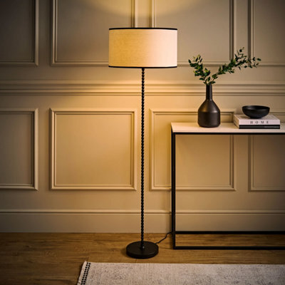 Valuelights Maeve Natural Linen Black Trim Shade Matte Black Bobbin Bobble Floor Lamp And Bulb - image 1