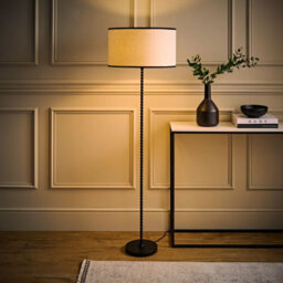 Valuelights Maeve Natural Linen Black Trim Shade Matte Black Bobbin Bobble Floor Lamp And Bulb