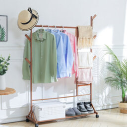 Living And Home Brown Bamboo Freestanding Clothes Rail Coat Hanging Rack With Bottom Shelf And Wheels
