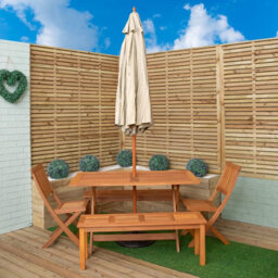 Samuel Alexander Outdoor 6 Person Rectangular Wooden Garden Dining Table, 2 Benches, Chairs With Cream Parasol And Base Set - thumbnail 2