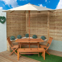Samuel Alexander Outdoor 6 Person Rectangular Wooden Garden Dining Table, 2 Benches, Chairs With Cream Parasol And Base Set - thumbnail 1