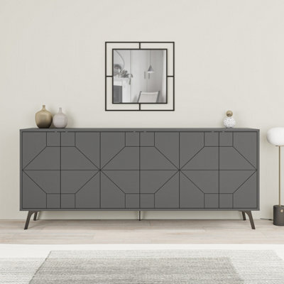 Decortie Anthracite Grey 6 Door Sideboard Dune Geometric With Metal Legs 181Cm - image 1
