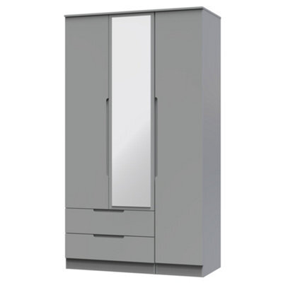Messina Ready Assembled Modern Matt Grey 2 Drawer Tall Triple Wardrobe With 1 Mirror Door (H)1970mm (W)1110mm (D)530mm - image 1