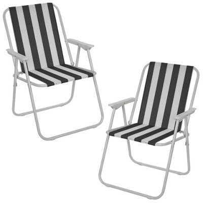 Urbn-Living Urbnliving 76Cm Height 2Pcs Black & White Stripe Garden Patio Metal Folding Chairs Camping Beach Picnic Outdoor Seats - image 1