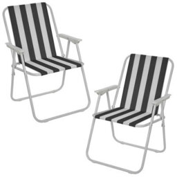 Urbn-Living Urbnliving 76Cm Height 2Pcs Black & White Stripe Garden Patio Metal Folding Chairs Camping Beach Picnic Outdoor Seats - thumbnail 1