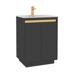 Royal Bathrooms 600mm Matt Obsidian Black 2 Door Floor Standing Vanity Unit With Carrara White Basin & Brushed Brass Accent Trim - thumbnail 7