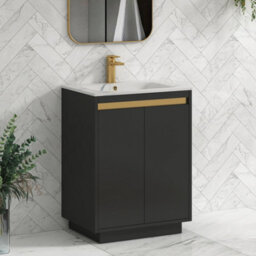 Royal Bathrooms 600mm Matt Obsidian Black 2 Door Floor Standing Vanity Unit With Carrara White Basin & Brushed Brass Accent Trim - thumbnail 6