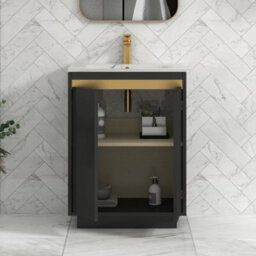 Royal Bathrooms 600mm Matt Obsidian Black 2 Door Floor Standing Vanity Unit With Carrara White Basin & Brushed Brass Accent Trim - thumbnail 4