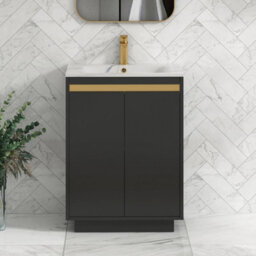 Royal Bathrooms 600mm Matt Obsidian Black 2 Door Floor Standing Vanity Unit With Carrara White Basin & Brushed Brass Accent Trim - thumbnail 1