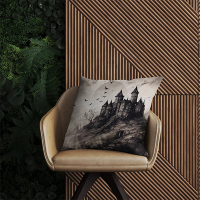 Warren Reed Designer A Realistic Ink Drawing Of A Haunted Castle Outdoor Cushion 60Cm X 60Cm