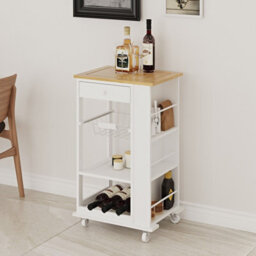 Urbn-Living Urbnliving 86Cm Height Rolling Kitchen Island Trolley Serving Cart With Bamboo Top Drawer Shelves Basket