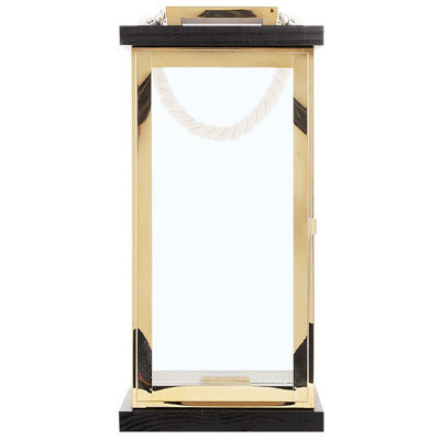 Beliani 41Cm Nautical Lantern Black Fir Wood With Gold Metal Rope Handle - Pillar Candle Holder - image 1