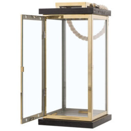 Beliani 41Cm Nautical Lantern Black Fir Wood With Gold Metal Rope Handle - Pillar Candle Holder - thumbnail 5