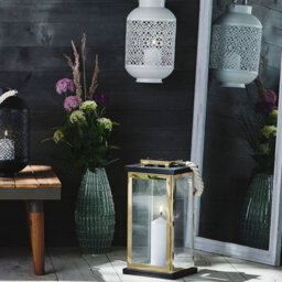 Beliani 41Cm Nautical Lantern Black Fir Wood With Gold Metal Rope Handle - Pillar Candle Holder - thumbnail 2
