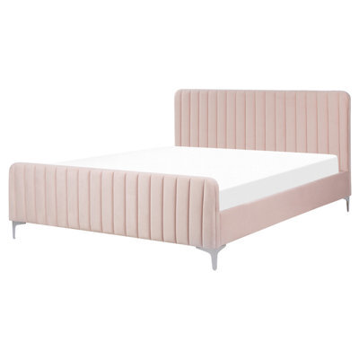 Beliani Bed Velvet Lunan 160 X 200 Cm (Eu King Size) Pastel Pink - image 1