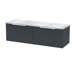 Hudson Reed Fluted Wall Hung 2-Drawer Vanity Unit & Bellato Grey Laminate Worktop, Counter Top Vanity Unit In Soft Black, 1200mm