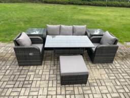 Fimous Wicker Pe Rattan Garden Furniture Set Outdoor Rectangular Dining Table And Chair Sofa Set With Side Tables Big Footstool - thumbnail 1
