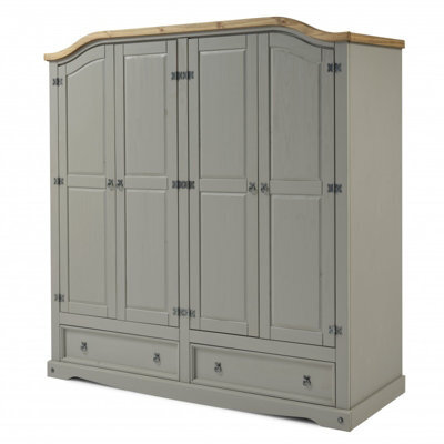 Mercers Furniture Corona Grey Wax 4 Door 2 Drawer Arch Top Wardrobe Solid Wood Pine Wooden Large Painted Robe With Mexican Styling - image 1