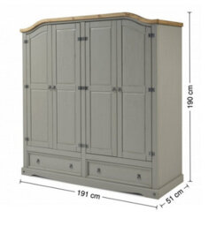 Mercers Furniture Corona Grey Wax 4 Door 2 Drawer Arch Top Wardrobe Solid Wood Pine Wooden Large Painted Robe With Mexican Styling - thumbnail 3
