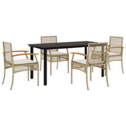 Berkfield 5 Piece Garden Dining Set With Cushions Beige Poly Rattan - thumbnail 2