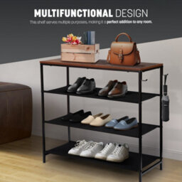 Keplin 4 Tier Shoe Rack With Shelf - Iron & Wood Entryway Organiser, Easy Assembly, 75X30X71Cm, Rustic Brown - thumbnail 5