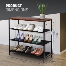 Keplin 4 Tier Shoe Rack With Shelf - Iron & Wood Entryway Organiser, Easy Assembly, 75X30X71Cm, Rustic Brown - thumbnail 2