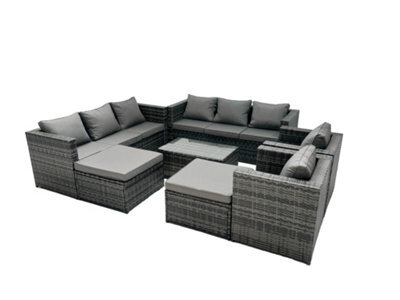 Fimous Rattan Garden Furniture Dining Set 10-Seater Patio Coffee Table Sofa Set With 2 Big Stools Dark Grey Mixed - image 1