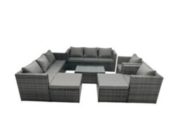 Fimous Rattan Garden Furniture Dining Set 10-Seater Patio Coffee Table Sofa Set With 2 Big Stools Dark Grey Mixed - thumbnail 2