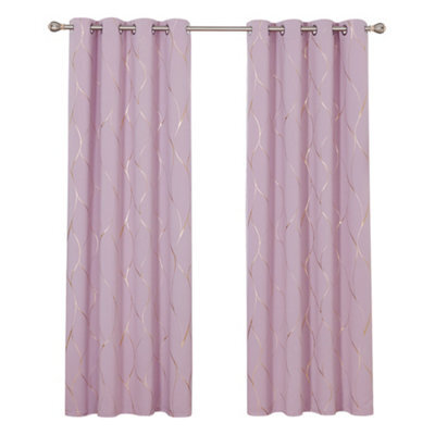 Deconovo Blackout Eyelet Curtains, Thermal Insulated Gold Wave Foil Printed For Kids Bedroom, W66 X L90 Inch, Baby Pink, 1 Pair