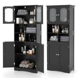 Costway 148Cm Tall Bathroom Cabinet Freestanding Storage Cabinet With Tempered Glass Doors - thumbnail 2