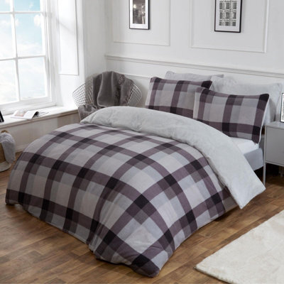 Ohs Check Teddy Duvet Cover Pillowcase Bedding Set, Grey - King - image 1