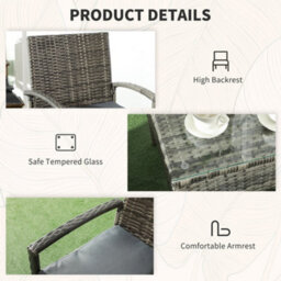 Outsunny 3Pc Garden Rattan Bistro Set With Glass Top Table, Mixed Grey - thumbnail 7