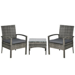 Outsunny 3Pc Garden Rattan Bistro Set With Glass Top Table, Mixed Grey - thumbnail 2