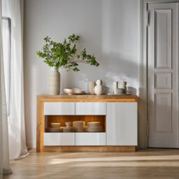 Furniture To Go Lyon 3 Door Glazed Sideboard In Riviera Oak/white High Gloss - thumbnail 8